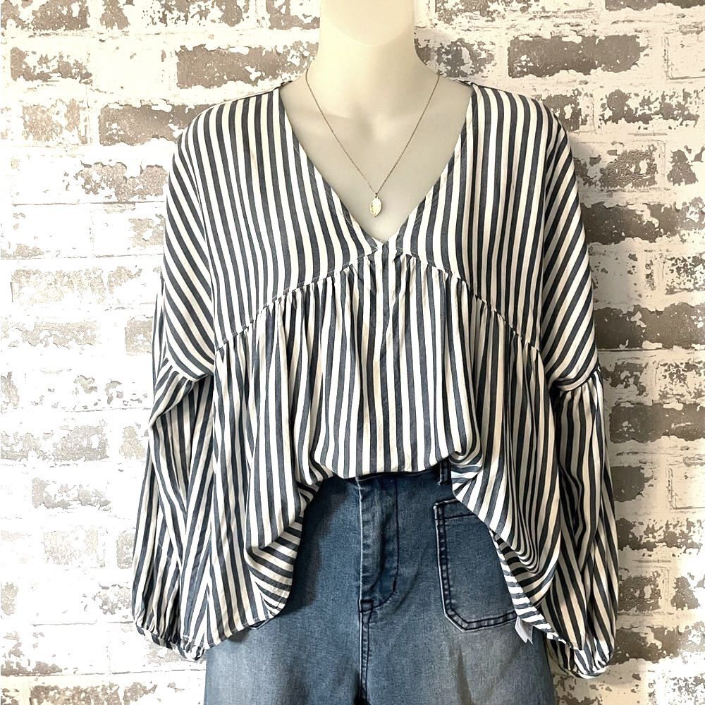 Madewell Navy and White Striped V-Neck Peasant Blouse